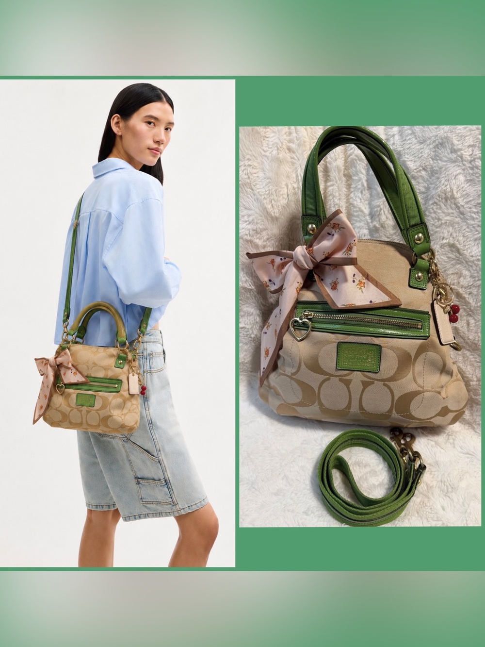 Y2K Coach Poppy Daisy Satchel beige and green double way style
